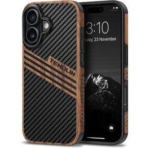 TENDLIN Compatible with iPhone 17 Case Wood Grain with Carbon Fiber Texture Design Leather Hybrid Slim Case (Three Stripe)