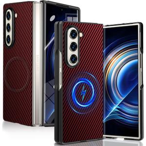 Magnetic for Samsung Galaxy Z Fold6 Case with Carbon Fiber Texture Design,Wireless Charging [PC] Military-Grade Shockproof case Cover for Z Fold 6[Red] MUS-TQCX-04-02