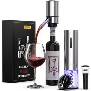 Rechargeable Electric Wine Gift Set - Aerator, Vacuum Stoppers, Foil Cutter and Bottle Opener for Home Bar and Outdoor Parties (Silver)