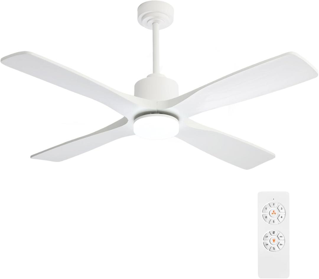 WINGBO 48 Inch DC Ceiling Fan with Lights and Remote Control, 4 Carved Solid Wood Blades, 6-Speed Noiseless Reversible DC Motor, Modern Ceiling Fan in Gloss White Finish with White Blades