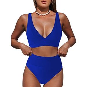 Hilinker Women's Leopard Bikini Swimsuits V Neck High Waisted 2 Piece Bathing Suits (Large, Royal Blue)