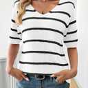 Saodimallsu Womens Summer Short Sleeve Sweater Tops Striped V Neck T Shirts Casual Loose Fit 2025 Trendy Knit Top (White)