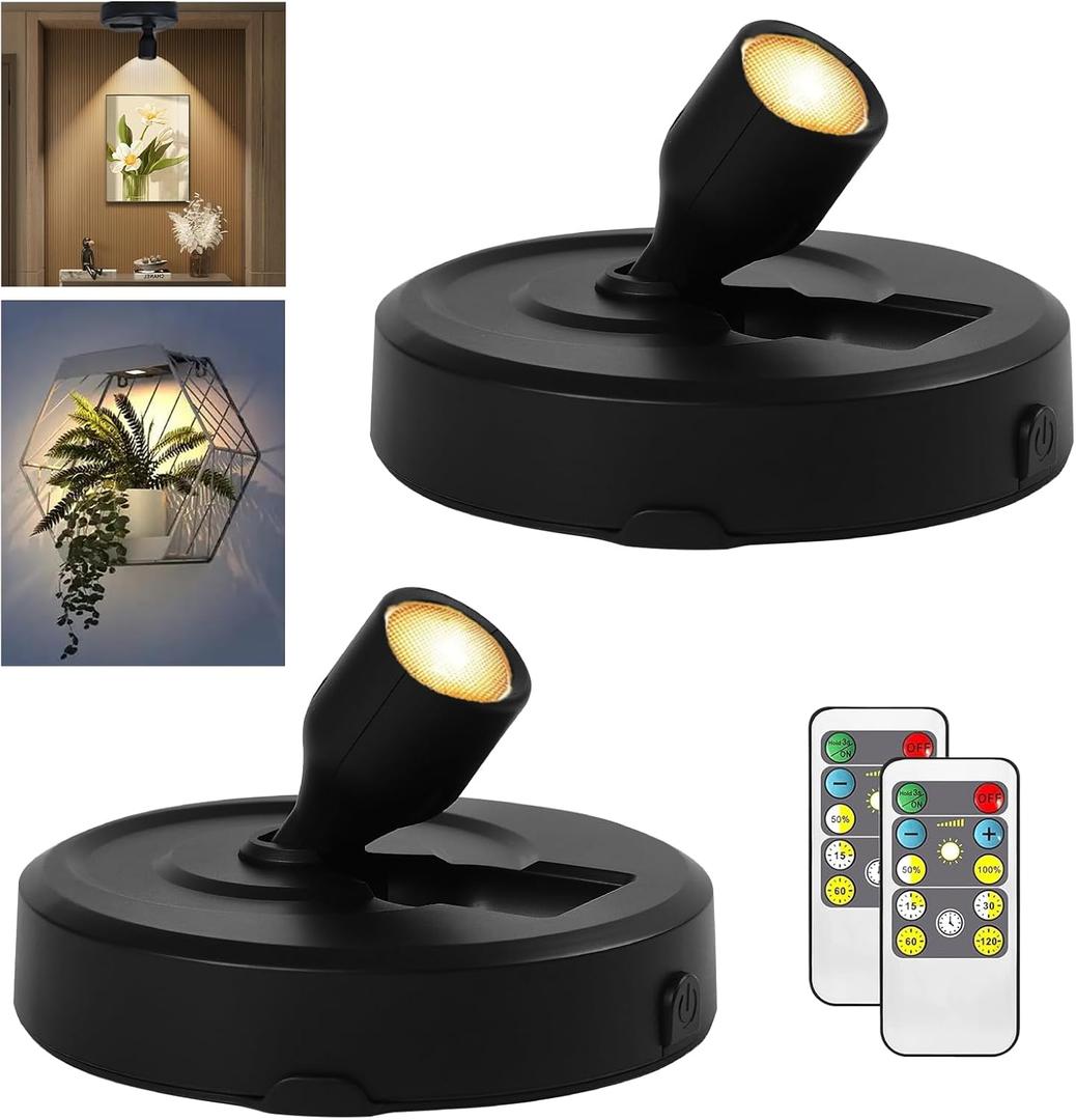 RAHAN 2Pack Battery Powered LED Spotlight Picture Light, Indoor Uplighting with Remote, Picture Frame Lights, Art Display Puck Lights for Dartboard Portrait Paintings Artwork (Black)