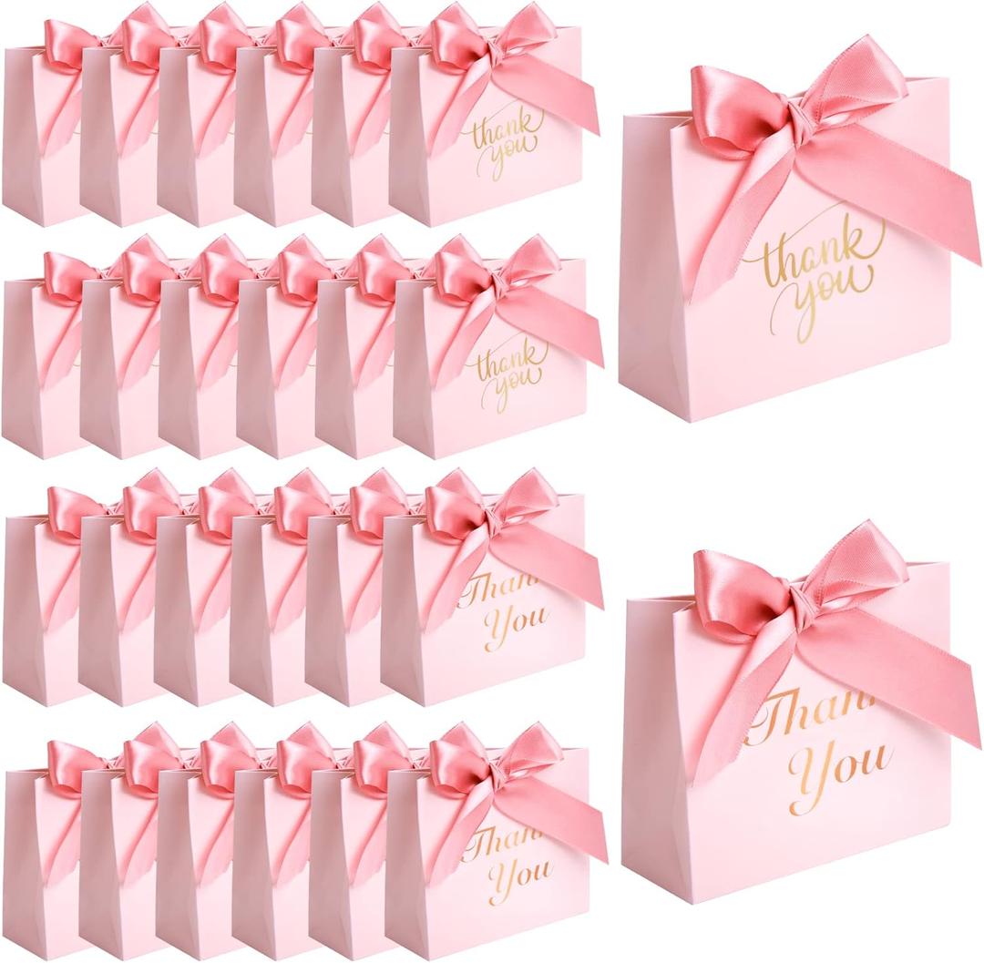 VGOODALL 24PCS Thank You Gift Bags, 4.5x3.9x1.8Inches Mini Party Favor Bags Pink Treat Boxes with Bow Ribbon for Wedding Bridal Baby Shower Birthday Party
