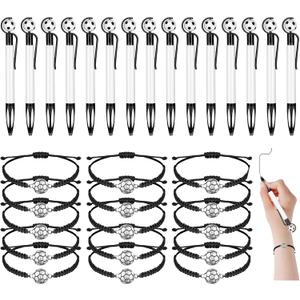 Sabary 30 Pcs Sport Theme Party Favors Set, 15 Pcs Soccer Pens 15 Pcs Soccer Theme Bracelets Ballpoint Pens Adjustable Bracelet Sport Party Gifts for Kids Teens Team Members (Black)