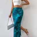 Women's Floral Midi Fall Skirt Mesh Slit Split Long Maxi Skirts Women Outfit (Green, XL)