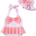 Kucnuzki Baby Girl Swimsuit Newborn One Piece Bathing Suit Bow Tie Bikini Tankini Infant Swimwear with Hat (3-6 Months, Pink Strip)
