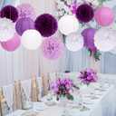 Purple Birthday Party Decorations Paper Lanterns and Pom Poms 15pcs Set for Baby Shower Wedding Bachelorette Valentines Day Graduation, Hanging Ceiling and Room Decor