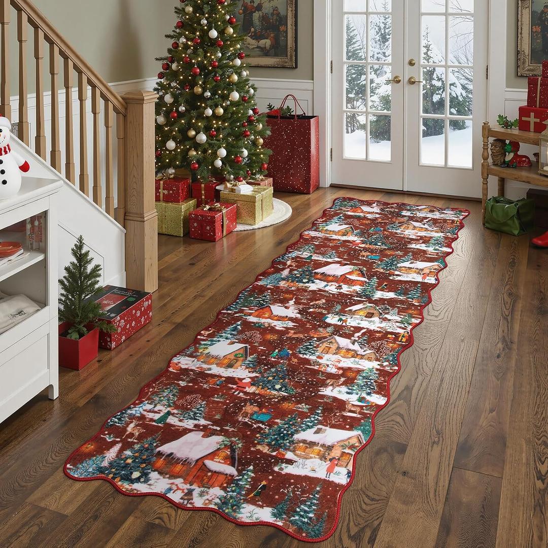 Wonnitar Christmas Runner Rug 2x6, Washable Kitchen Runner Rug Non Slip, Low Pile Soft Christmas Tree Hallway Runner Carpet for Entryway Bathroom Bedside Holiday Decor (Red,2'x6')