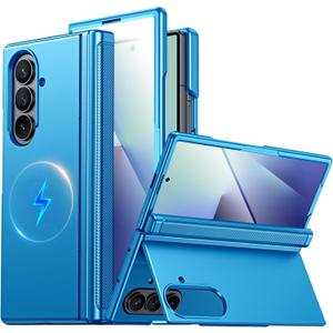 CENMASO Magnetic for Samsung Galaxy Z Fold 7 Case with Stand, Fit for Magsafe, Hinge Protection, Screen Protector, Built-in Hidden Kickstand, Slim Shockproof Phone Case for Galaxy Z Fold 7-Lake Blue