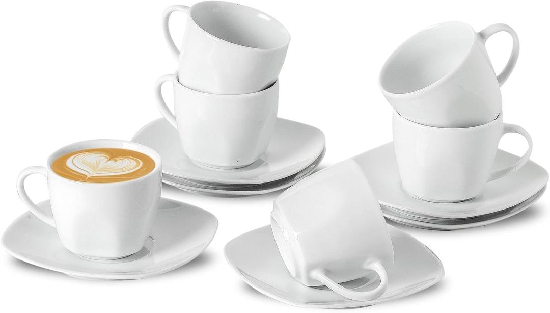 6.5 Ounce Porcelain Espresso Cups and Saucers Set of 6, Ceramic Cappuccino Demitasse Mugs Square Stackable Coffee Cup with Saucer Set for Coffee Drink, Espresso, Latte, Cafe Mocha and Tea Party, White