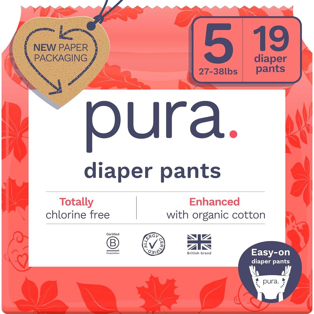 Pura Hypoallergenic Diaper Pants Size 5 (27-38 lbs) Overnight, up to 12 Hours Leak Protection, Suitable for Sensitive Skin, Totally Chlorine Free, Soft Organic Cotton, 1 Pack of 19 Pull Up Pants