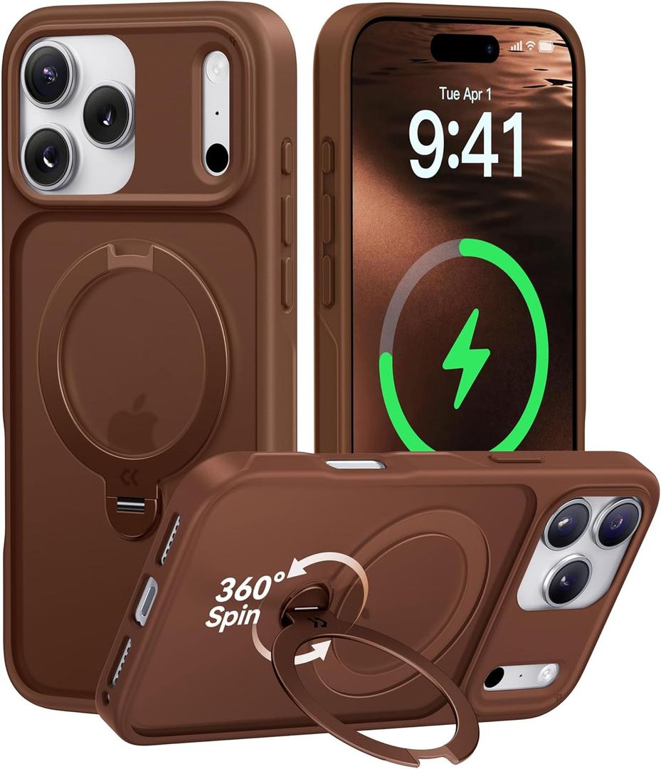 CASEKOO Brown for iPhone 17 Pro Max Case with 360 Spin Magnetic Stand [Camera Protection] [18FT Military Grade Protection] [Fit for MagSafe] Shockproof Ring Grip Matte 6.9 Inch