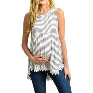 Xpenyo Womens Maternity Tank Top Sleeveless Lace Crochet Trim Peplum Cami Shirts (White Pinstripe, XL)
