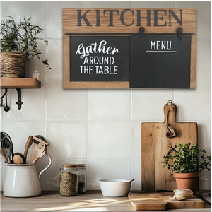 Kithen Decor Wall Hanging Menu Chalkboard Wooden Gather Around The Table & Welcome Now Serving Sign Magentic Menu Chalk Board for Home Cafés Weddings Party Farmhouse Brown 12 * 20in