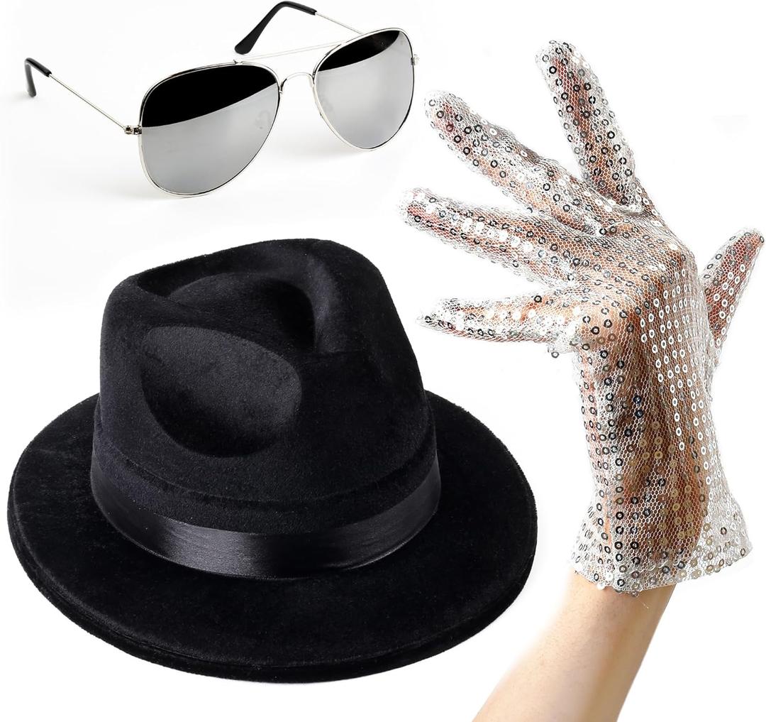 Cosmic Chameleon Pop King Jackson Costume - Unisex 3 Piece - M-J Sequin Gloves, Black Fedora Hat and Silver Aviator Sunglasses - 80s 90s Themed Halloween Cosplay Stage Party Outfit