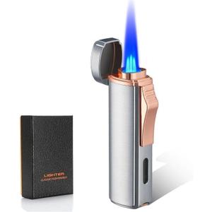 Windproof Butane Lighter, Triple Jet Flame, Visible Air Window, Rechargeable Butane, Adjustable Flame, Zinc Alloy Body, Gift(Silver)