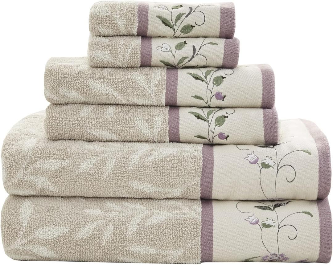 Madison Park Serene 100% Cotton Bath Towel Set Luxurious Floral Decorative Towels for Bathroom Embroidered Cotton Jacquard Design Soft Highly Absorbent for Shower 600 GSM, Multi-Sizes, Purple 6 Piece