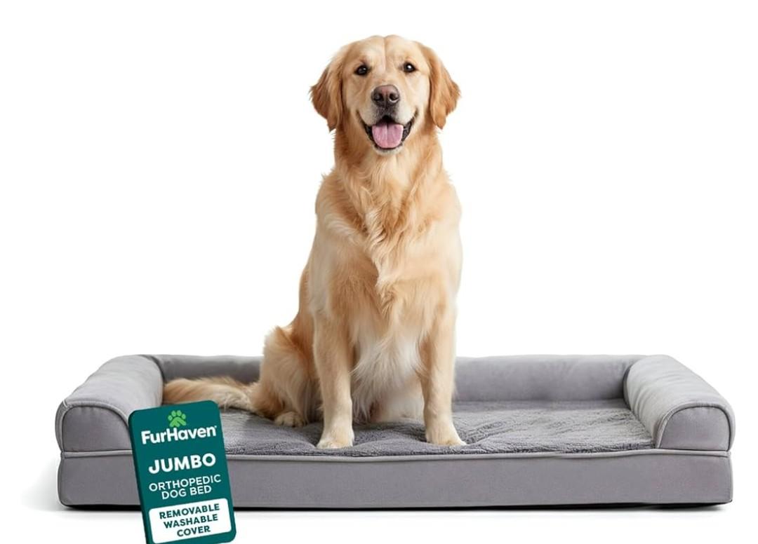 Furhaven Orthopedic Dog Bed for Large Dogs w/ Removable Bolsters & Washable Cover, For Dogs Up to 95 lbs - Plush & Suede Sofa - Gray