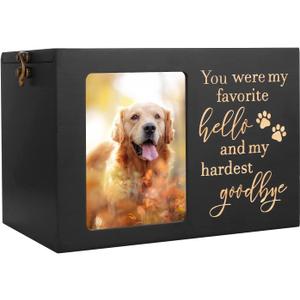 Pet Memorial Urns for Dog or Cat Ashes, Large Wooden Funeral Cremation Urns with Photo Frame, Keepsake Memory Box with Black Flannel Lining (Large - Capacity 90 Cubic Inches)