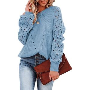 SHEWIN Women's Casual Long Sleeve Crewneck Crochet Sweater Lightweight Knit Pullover Sweaters Tops, 2XL