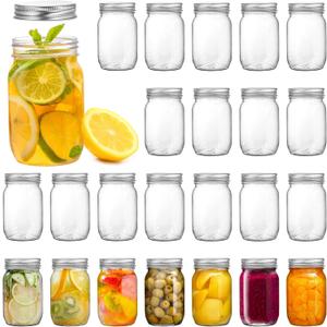Tebery 24 Pack Clear Plastic Mason Jars with One Piece Lids, 8OZ Mason Cocktail Cup Shatterproof Drinking Jar, Refillable Empty Slime Storage Containers for Overnight Oats, Honey, Spices and Herbs