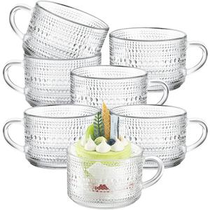 Eccliy 6 Pcs Vintage Coffee Mugs 14 oz Glass Stackable Tea Cups Embossed Glass Cups Coffee Cup Vintage Glassware with Handle for Cappuccino Latte Cereal Yogurt Beverage Dessert Water (Clear)