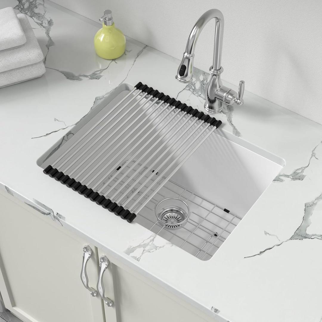 Sarlai 24 Inch Undermount Laundry Sink Granite Composite - 12 Inch Deep Utility Laundry Sink 24x18 White Kitchen Sinks Undermount Quartz Classic Under Counter Single Bowl Basin