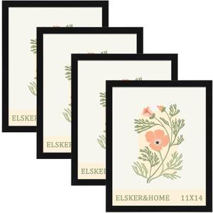 ELSKER&HOME 11x14 Picture Frame Set of 4, Black Sturdy Wood Composite Photo Frame with Semi-Tempered Glass, Wall Mount or Tabletop Display