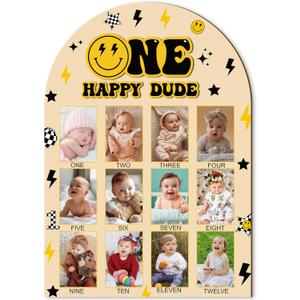 R HORSE My First Year Photo Frame Board, 3D One Happy Dude Birthday Decoration Display Wood Board, Baby Boy First Year Picture Frame 12 Months Milestone 1st Birthday Nursery Decor Gift