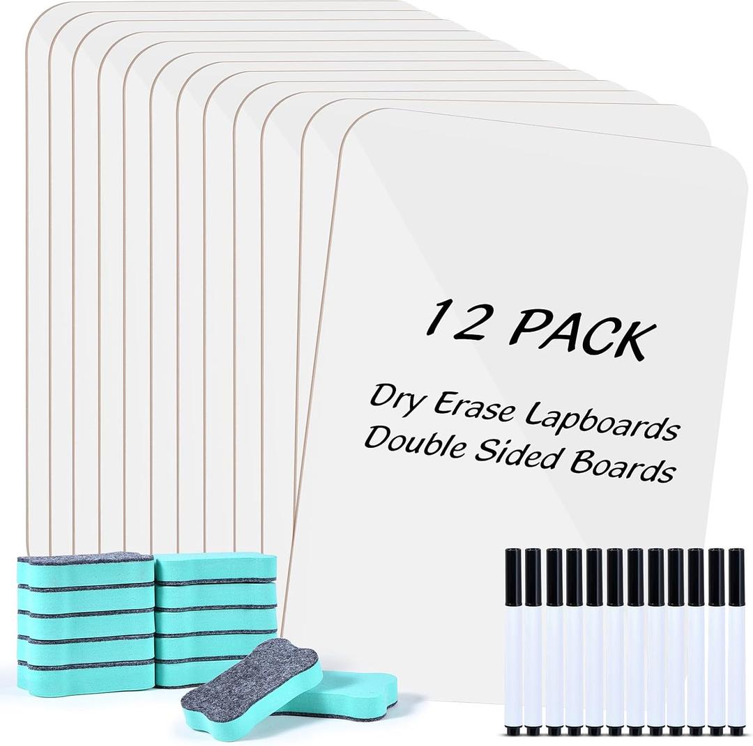 12 Pack Small White Board Dry Erase Boards Classroom Teachers Pack Mini White Boards 9" x12 Personal Whiteboards for School Students Supplies Lapboards l 12 Mini Erasers 12 Makers Included (12)