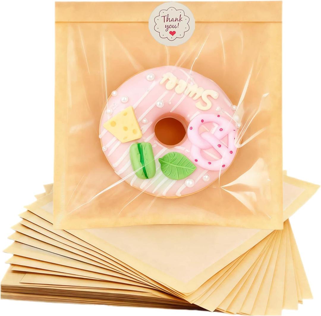 ARREBOL 100 Pack 7.1x7.5 Inch Cookie Bags with Window & Stickers for Packaging, Sealable Grease Resistant Small Brown Paper Bakery Bags for Bread