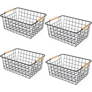 Wire Basket 4 Pcs Wire Storage Baskets Wire Baskets Organizing with Wooden Handles Wire Basket Pantry Organization and Storage Metal Wire Food Storage Basket for Kitchen, Cabinets (Black 4PCS)