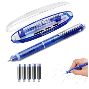 Fountain Pen Retractable: 0.38mm Blue Ink Transparent Barrel Includes 5 Refillable Ink Cartridges, Medium Nib Transparent Barrel for Smooth Writing No Leaking, InkBlue (Dark Blue)