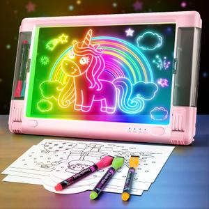 Rechargeable LED Drawing Board, 15 Inch 9-Color Light Modes Neon Art Light Up Writing Tablet Tracing Pad for Kids, Sketching Gift Toy for Teens, 5 Markers, 10 Tracing Sheets (Pink)