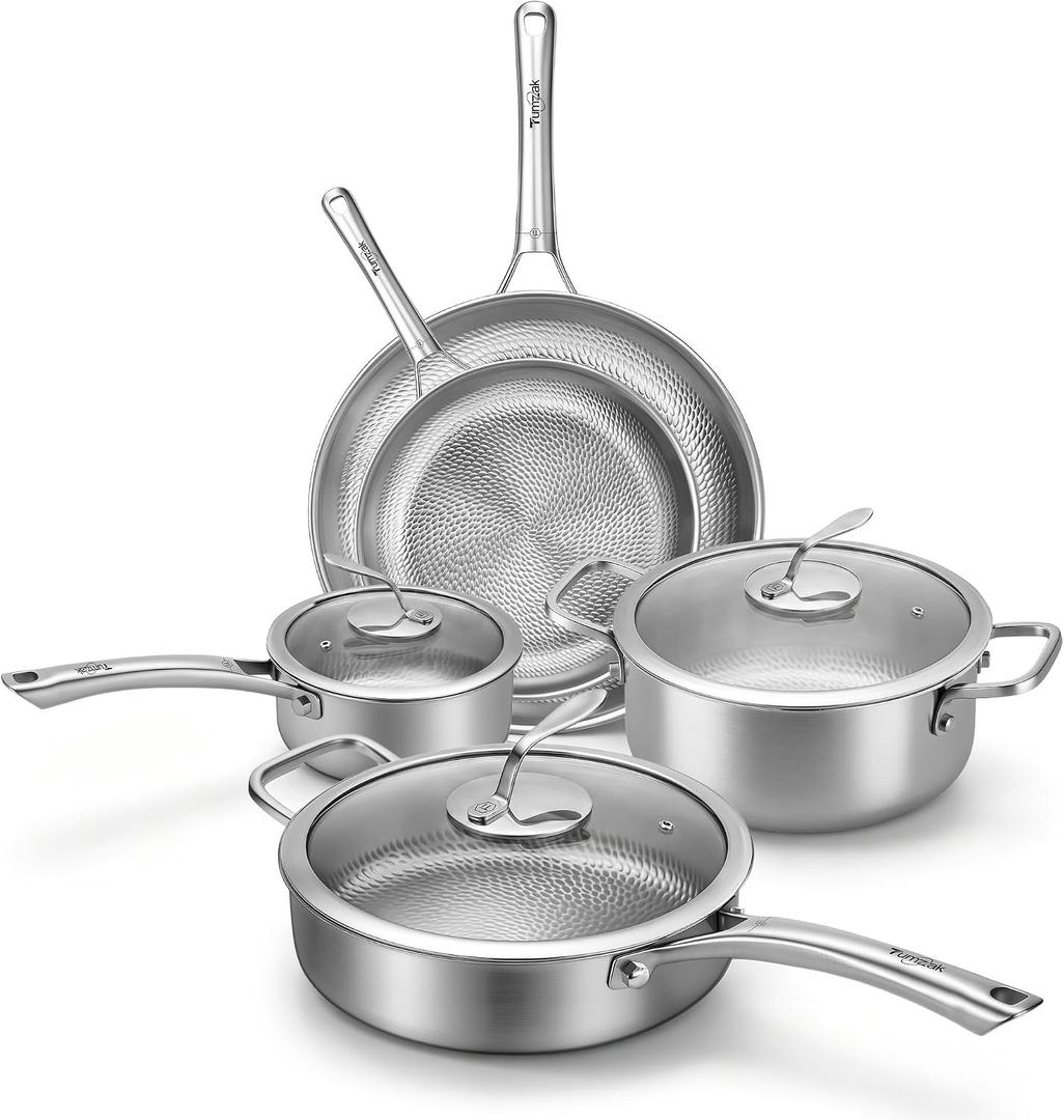Titanium Cookware Set, 8-Piece Pots and Pans Set, Non-Stick Hammered Pro Titanium Pan with Lid, PFAS/PFOA/PTFE-Free, Dishwasher & Oven Safe, Compatible with Gas Stoves and Induction Cooktops