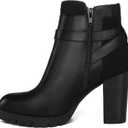 mysoft Women's Ankle Boots Chunky Stacked Heel Zipper Booties - Available in Wide Sizes (Buckle Black)