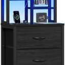 Furnulem Tall Night Stand with 3 Fabric Drawers and LED Lights, Nightstand with Bookshelf, 45.3inch Tall Bedside Tables with USB Ports in Bedroom, Dorm, Office,Metal Frame, Wood Shelves (Black Oak)