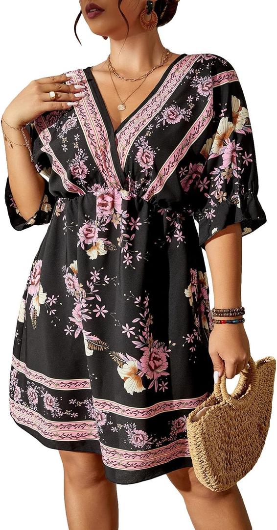 OYOANGLE Women's Plus Size Boho Floral Print High Waist V Neck Flared A Line Short Dress Black Floral ,SizeXL 
