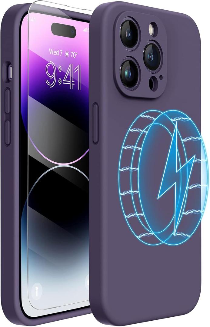 Miracase Magnetic Liquid Silicone Case Designed for iPhone 14 Pro Max, Dark Purple Magnetic Phone Case | with Screen Protector, Upgraded Enhanced Camera Protection, Shockproof, 6.7 inch