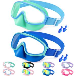 Vvinca Kids Goggles with Comfort Fabric Strap, Kids Swim Goggles Wide View Anti-Fog/UV No Leaking Swimming Goggles for 3-14 (10-blue& Lemon Green)