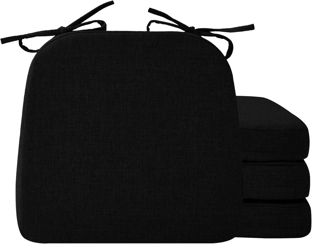 Chair Cushions for Dining Chairs, 2" Thick Seat Cushions for Kitchen Chairs, D-Shaped Chair Pads with Washable Cover, Ties and Non Slip Backing, 17'' x 16'', Set of 4, Black