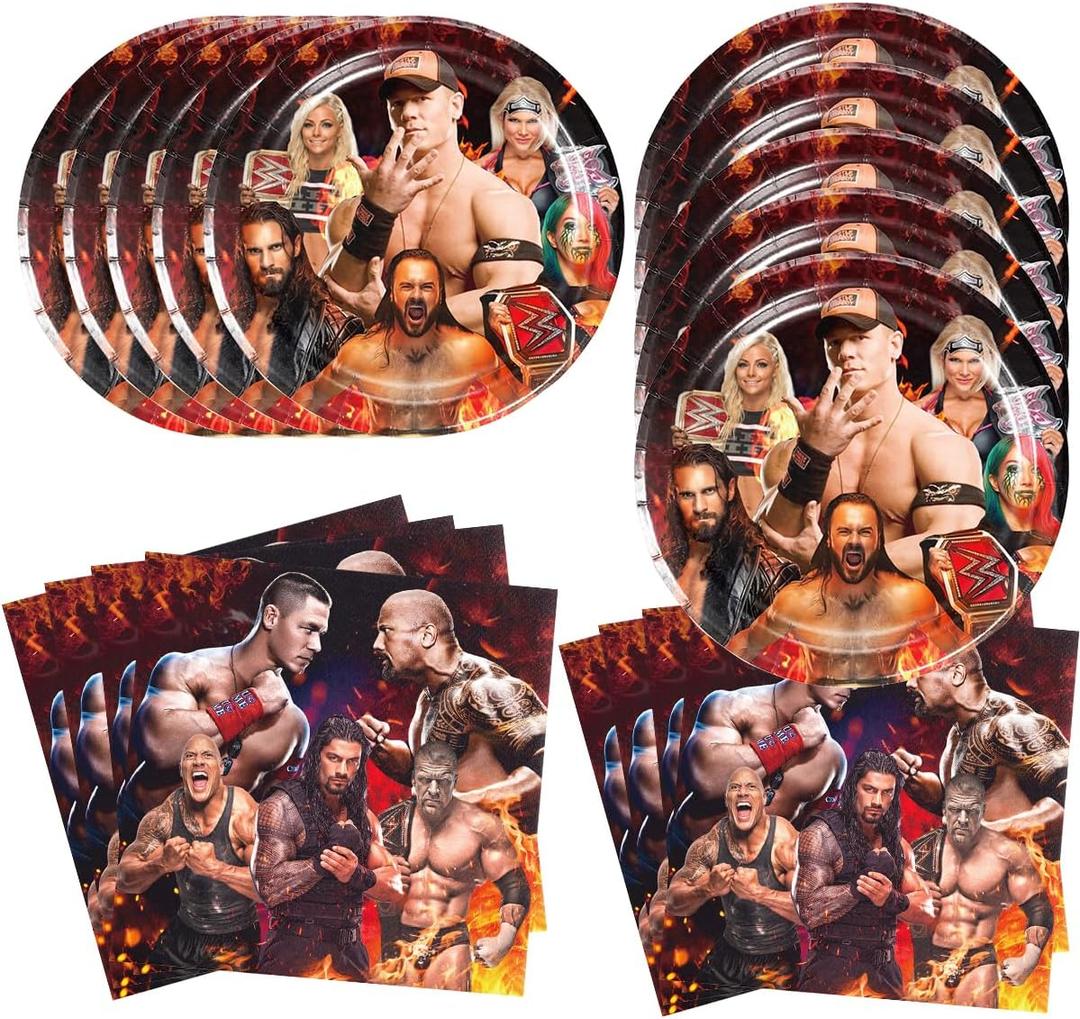 40Pcs Wrestling Party Supplies include 20 plates, 20 napkins for Wrestling birthday party decoration