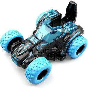 Friction Powered Flip Stunt Car, Push and Go Toy Car with 360 Upright Spin, Dual-Sided Rotating Off-Road Vehicle, No Batteries Required, Toy Car for Boys & Girls Ages 3 (Blue)