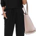 Zenlonr Women Summer 2 Piece Outfits 2025 Off Shoulder Short Sleeve Tops Elastic Waist Drawstring Long Pants Tracksuit (XX-Large, Black)