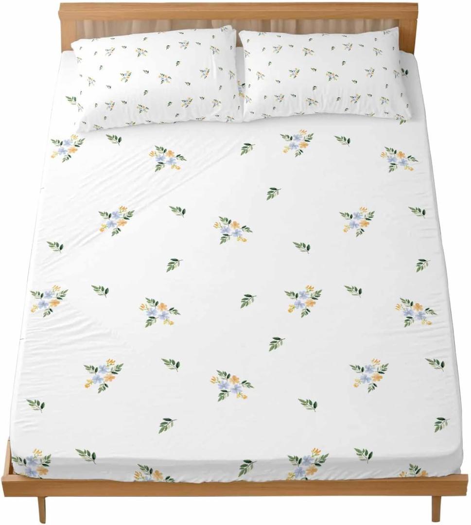 Queen Fitted Sheet and Pillowcase Set, Farmhouse Flowers 3 Pieces Bedding Queen Sheets Sets with Elastic Straps, Pastoral Botanical Watercolor Microfiber Deep Pocket Bed Sheets Up to 16" (Yellow Skyblue)