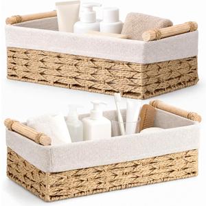 Newtay Beige 2 Pcs 14" x 8" x 5" Wicker Toilet Basket Tray with Handles
Handwoven Slim Decorative Basket for Countertop Shelf, and for Rustic Home Decor, Living Room, Nursery Organization, Neutral