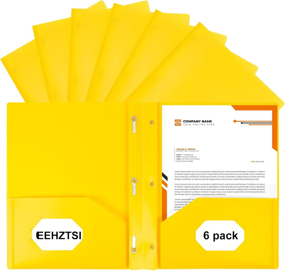 6-Pack Plastic Folders with Pockets and Prongs,2-Pocket Folders with 3 Fasteners, Holds 8-1/2" x 11" Paper for School/Office/Home, Yellow