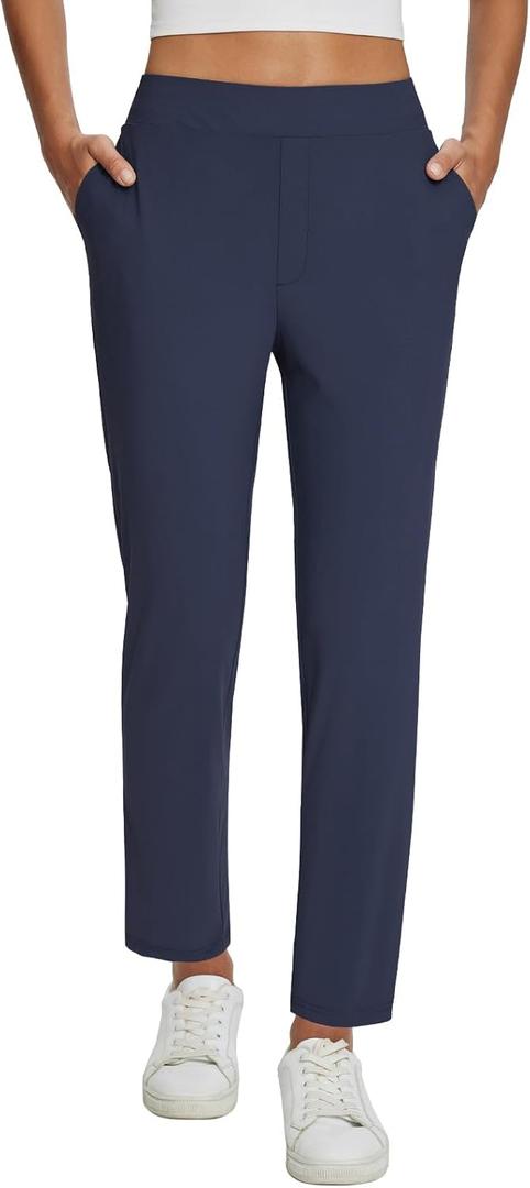 baleaf Womens Business Casual Pants Stretch Travel Pants On Airport with Zipper Pockets Dressy Slacks Golf Work Pull on (Small, Navy)