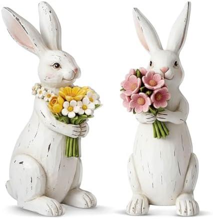 Yuntau 2 Pcs Bunny Figurine White Bunny Decor Wooden Easter Couple Rabbit Figurine Table Decoration Easter Gifts for Spring Holiday Indoor Party Home Table Centerpieces Party Supplies